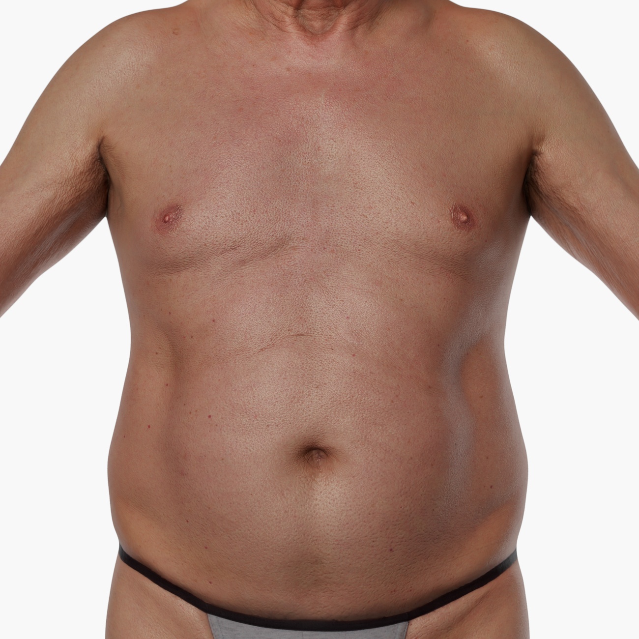 Close-up render of a heavy-set older male torso 3D scan with detailed mature skin surface texture